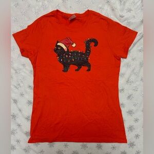 Port and Company Christmas Black Cat Tee with Santa Hat - Size - small
